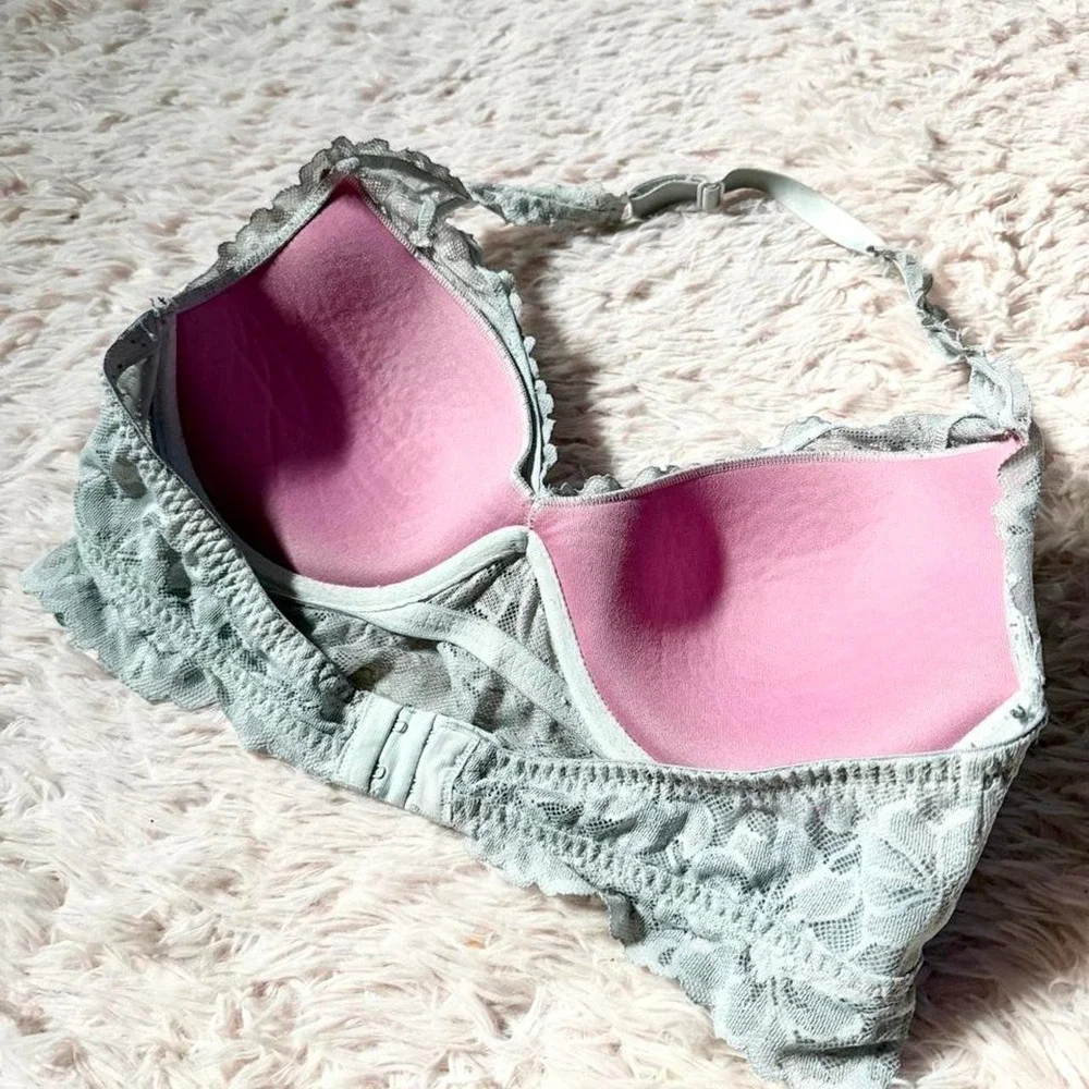 Victorias Secret PINK Gray Lace Preppy Varsity Campus Halter Bra Womens L Fairy